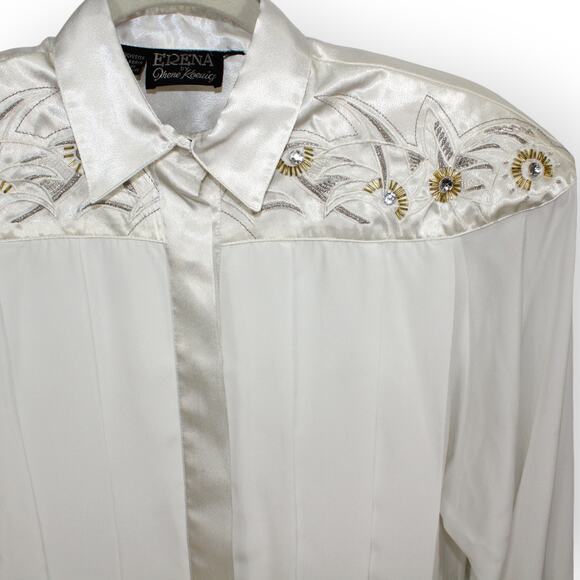 XS/S Vintage Erena by Irene Koenig Satin Blouse Ivory Embellished Yoke - Picture 10 of 16